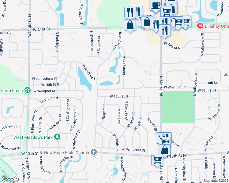 map of restaurants, bars, coffee shops, grocery stores, and more near 10818 West Westport Street in Wichita