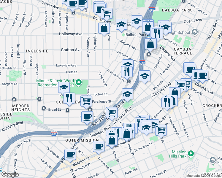 map of restaurants, bars, coffee shops, grocery stores, and more near 71 Summit Street in San Francisco