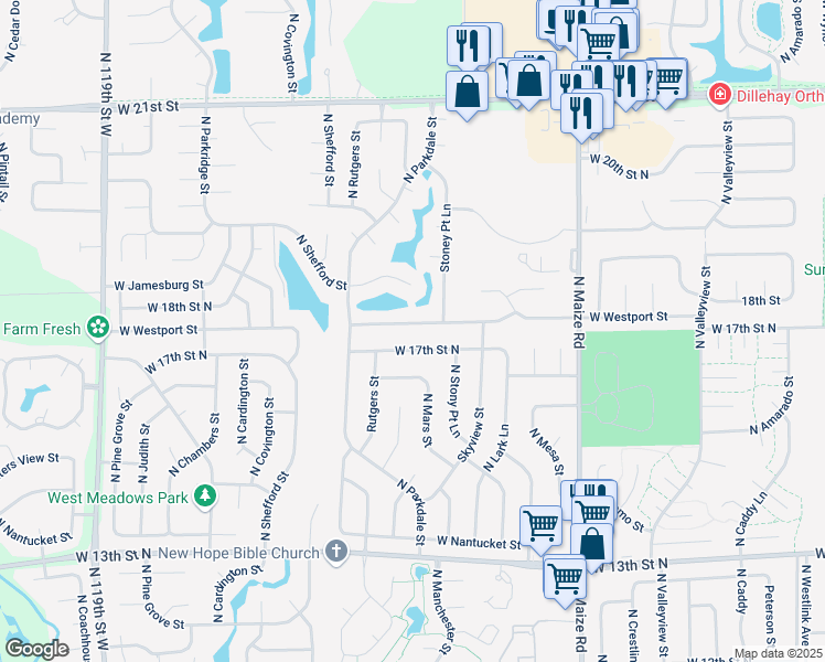 map of restaurants, bars, coffee shops, grocery stores, and more near 10818 West Westport Street in Wichita