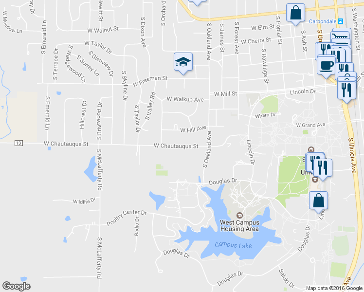 map of restaurants, bars, coffee shops, grocery stores, and more near 1210 West Chautauqua Street in Carbondale