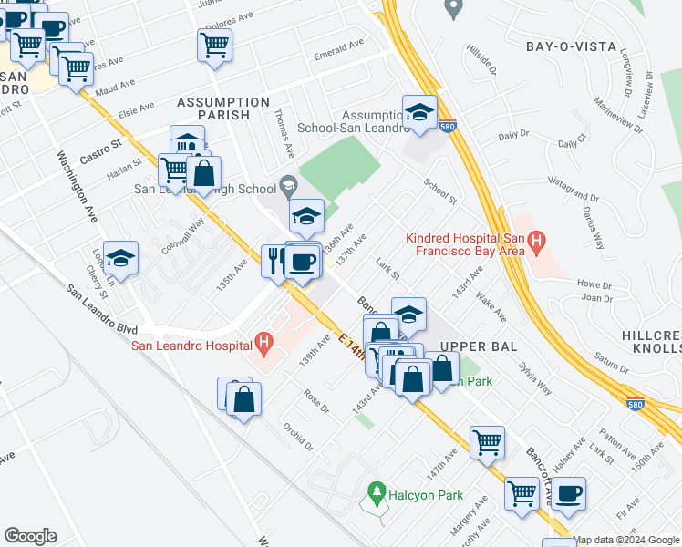 map of restaurants, bars, coffee shops, grocery stores, and more near 1504 137th Avenue in San Leandro