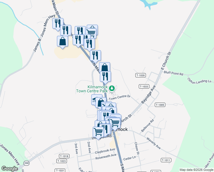 map of restaurants, bars, coffee shops, grocery stores, and more near 234 North Main Street in Kilmarnock