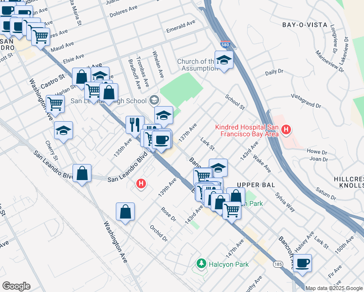 map of restaurants, bars, coffee shops, grocery stores, and more near 1504 137th Avenue in San Leandro