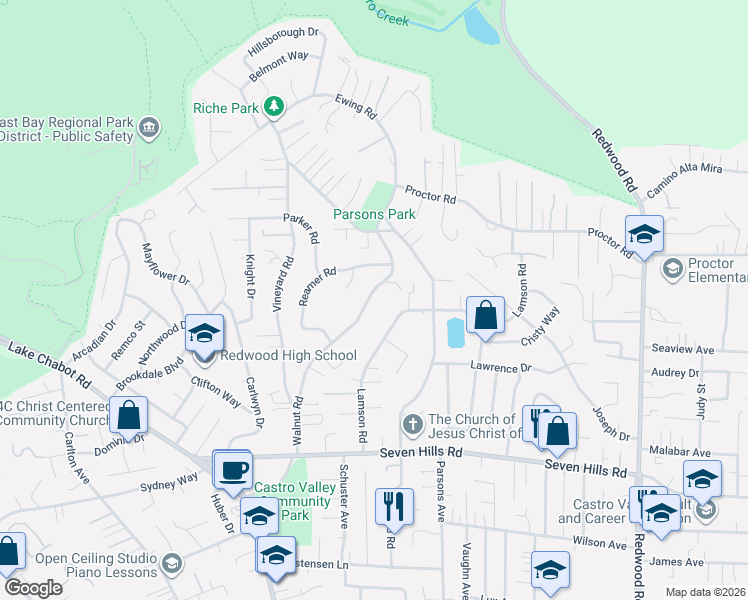 map of restaurants, bars, coffee shops, grocery stores, and more near 18176 Walnut Road in Castro Valley