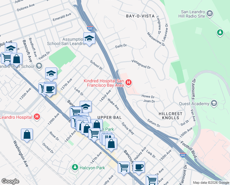map of restaurants, bars, coffee shops, grocery stores, and more near 1741 Russ Avenue in San Leandro