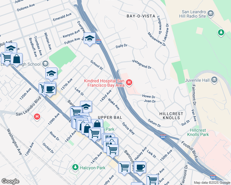 map of restaurants, bars, coffee shops, grocery stores, and more near 1741 Russ Avenue in San Leandro