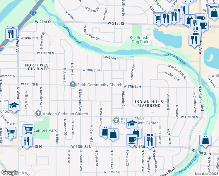 map of restaurants, bars, coffee shops, grocery stores, and more near 1753 North Saint Paul Street in Wichita