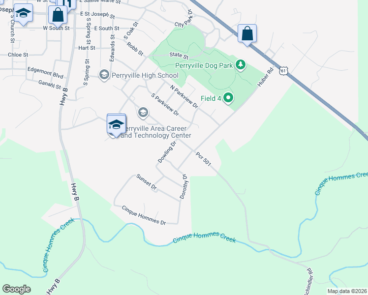 map of restaurants, bars, coffee shops, grocery stores, and more near 905 Schindler Road in Perryville