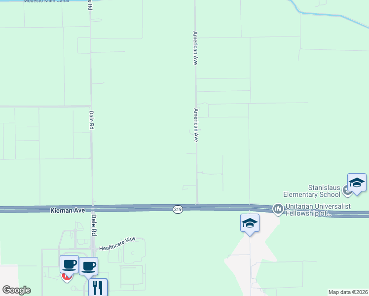 map of restaurants, bars, coffee shops, grocery stores, and more near 5237 American Avenue in Modesto