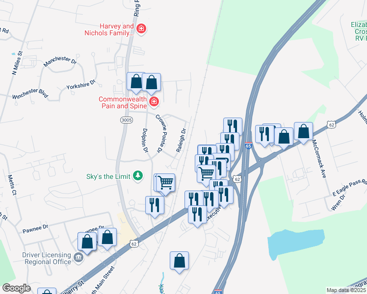 map of restaurants, bars, coffee shops, grocery stores, and more near 119 Raleigh Drive in Elizabethtown