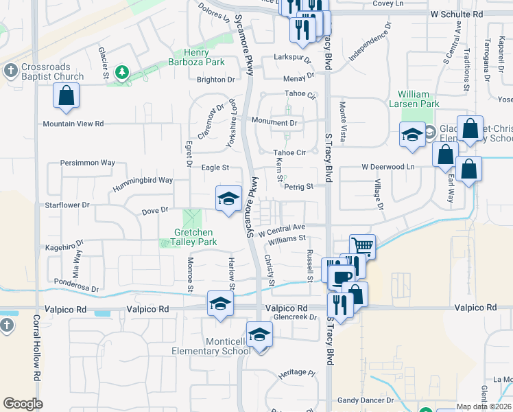 map of restaurants, bars, coffee shops, grocery stores, and more near 2090 Garrison Lane in Tracy