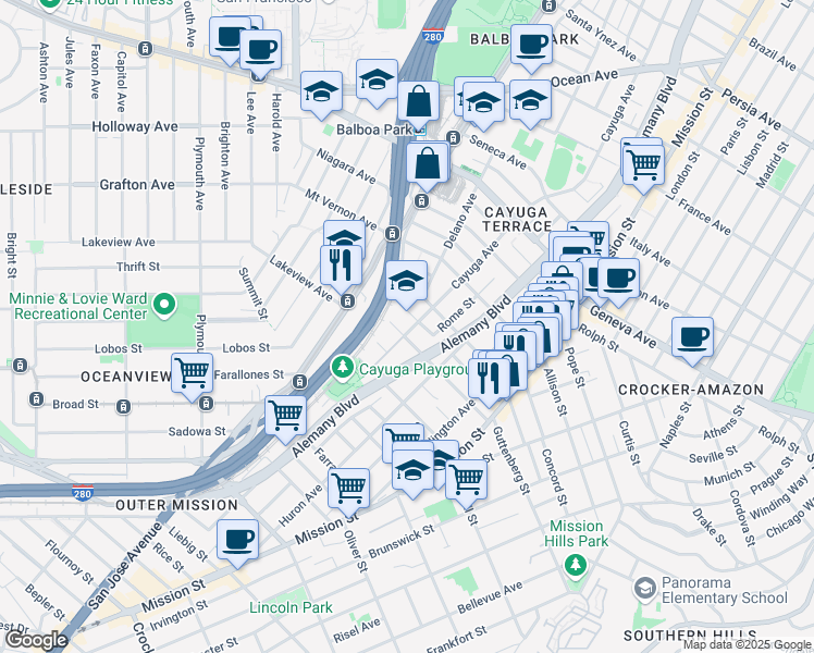 map of restaurants, bars, coffee shops, grocery stores, and more near 319 Rome Street in San Francisco