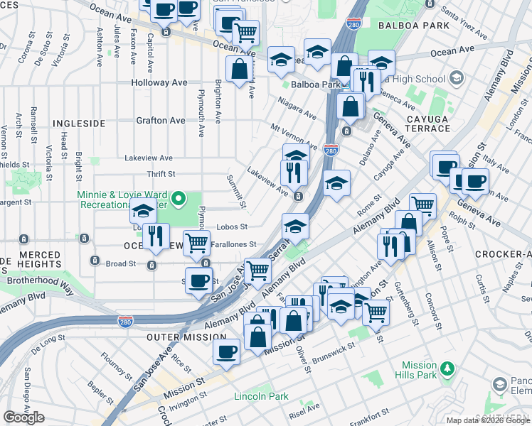 map of restaurants, bars, coffee shops, grocery stores, and more near 153 Majestic Avenue in San Francisco