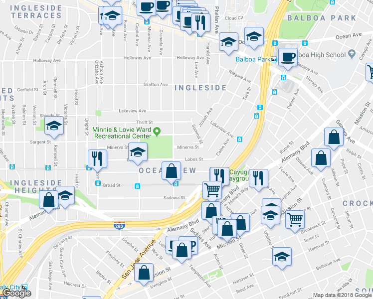 map of restaurants, bars, coffee shops, grocery stores, and more near 80 Minerva Street in San Francisco