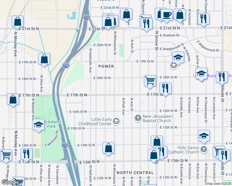 map of restaurants, bars, coffee shops, grocery stores, and more near 1801-1899 North Minnesota Street in Wichita
