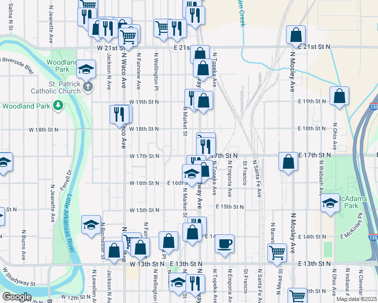 map of restaurants, bars, coffee shops, grocery stores, and more near 1818 North Market Street in Wichita