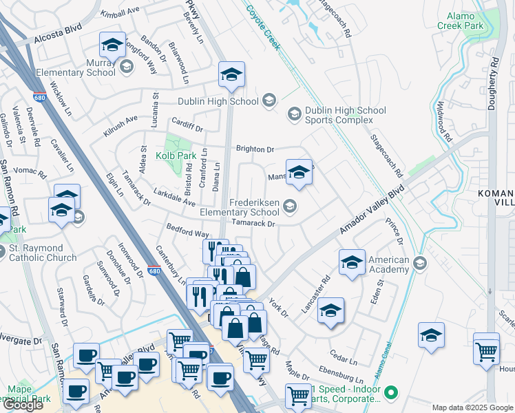 map of restaurants, bars, coffee shops, grocery stores, and more near 7505 Frederiksen Lane in Dublin