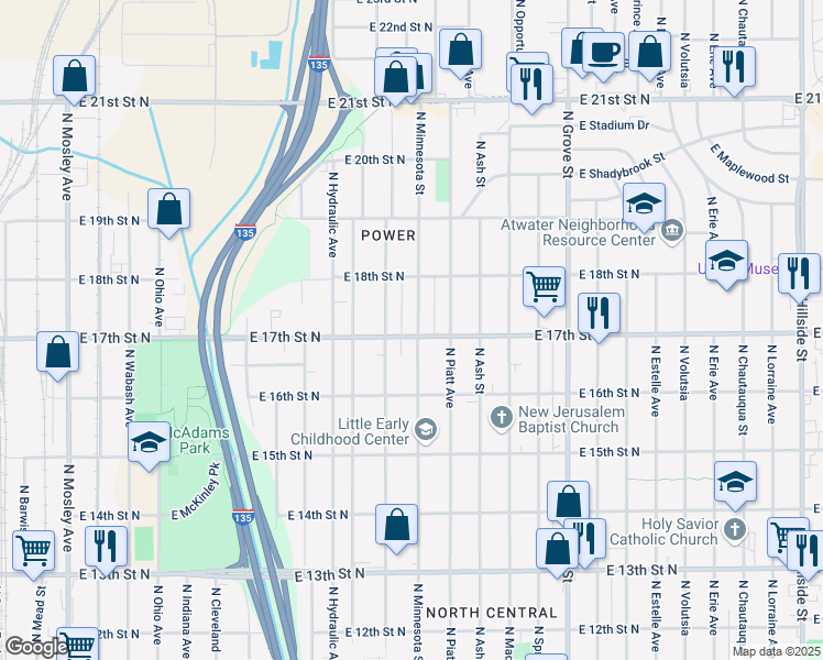 map of restaurants, bars, coffee shops, grocery stores, and more near 1801 North Minnesota Street in Wichita