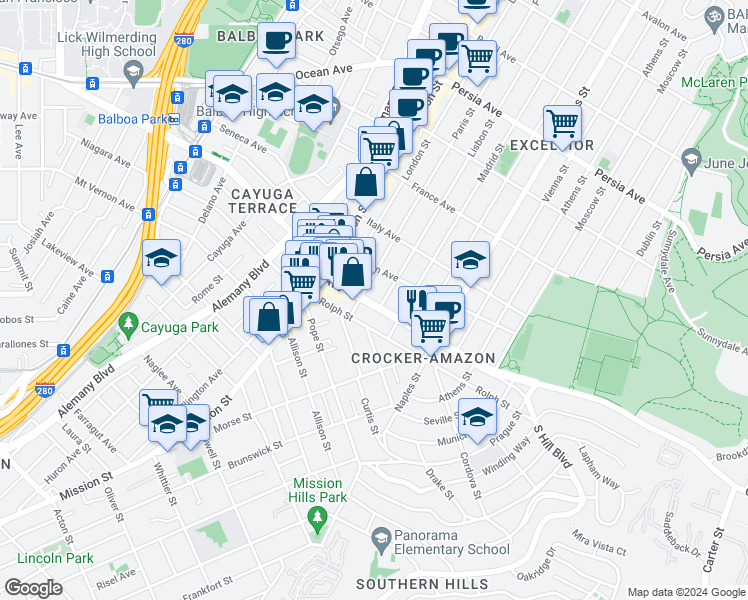 map of restaurants, bars, coffee shops, grocery stores, and more near 1025 Geneva Avenue in San Francisco