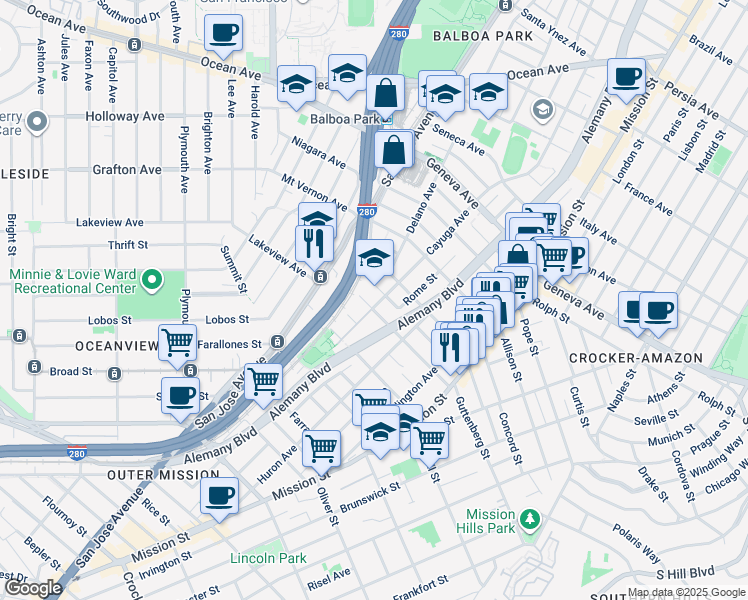 map of restaurants, bars, coffee shops, grocery stores, and more near 319 Rome Street in San Francisco