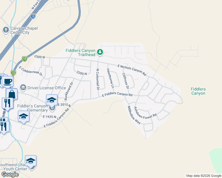 map of restaurants, bars, coffee shops, grocery stores, and more near 2130 North Bandtail Circle in Cedar City