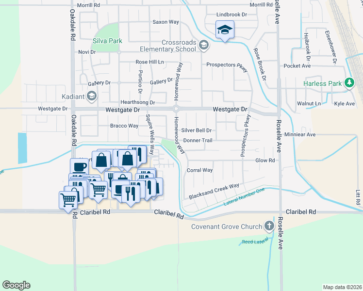 map of restaurants, bars, coffee shops, grocery stores, and more near 5301 Homewood Way in Riverbank