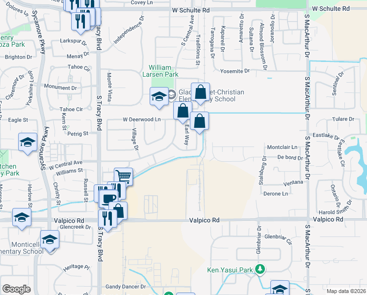 map of restaurants, bars, coffee shops, grocery stores, and more near 5 Silkwood Lane in Tracy