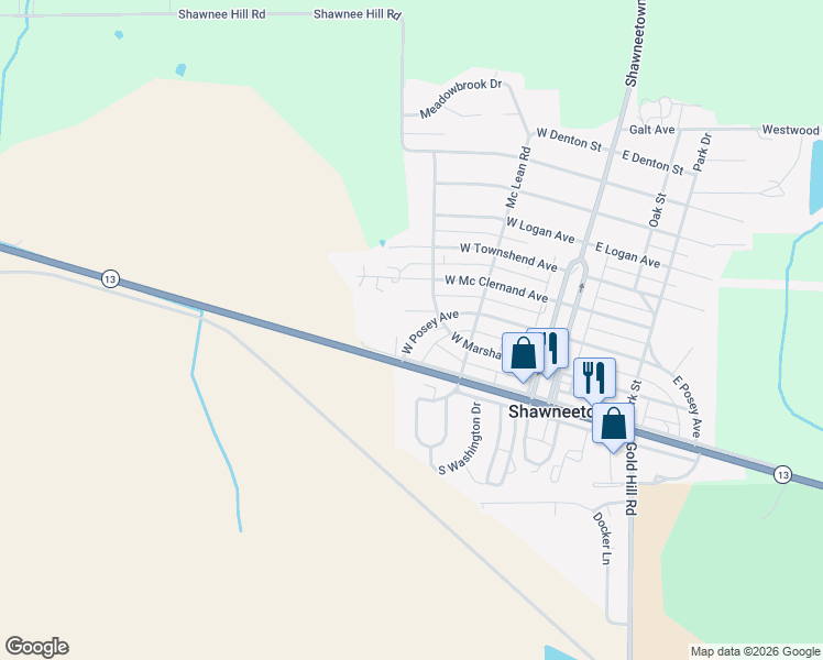 map of restaurants, bars, coffee shops, grocery stores, and more near 301-399 West Posey Court in Shawneetown