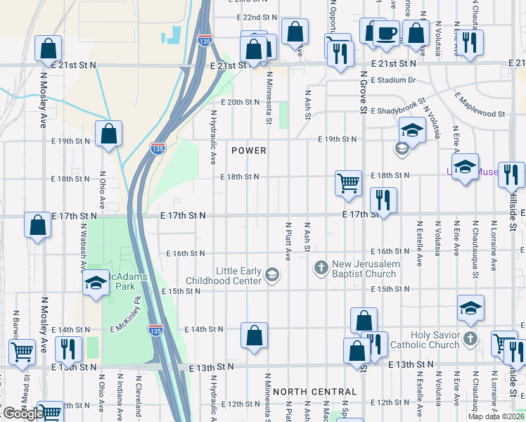map of restaurants, bars, coffee shops, grocery stores, and more near 1801-1899 North Minnesota Street in Wichita