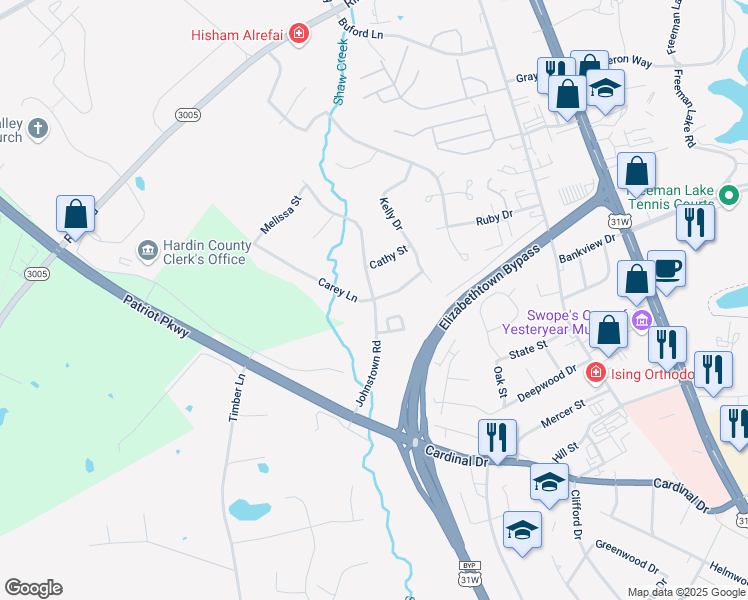 map of restaurants, bars, coffee shops, grocery stores, and more near Johnstown Road in Elizabethtown