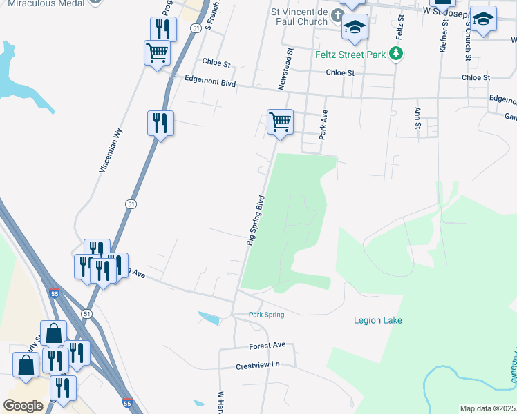 map of restaurants, bars, coffee shops, grocery stores, and more near Big Spring Boulevard in Perryville