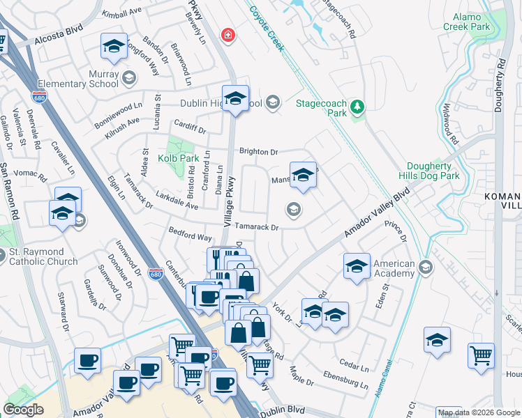 map of restaurants, bars, coffee shops, grocery stores, and more near 7505 Frederiksen Lane in Dublin