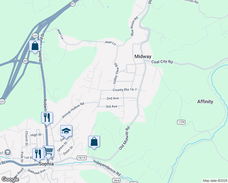map of restaurants, bars, coffee shops, grocery stores, and more near 130-320 County Route 16-7 in Midway