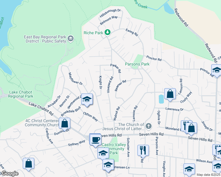 map of restaurants, bars, coffee shops, grocery stores, and more near 17964 Vineyard Road in Castro Valley