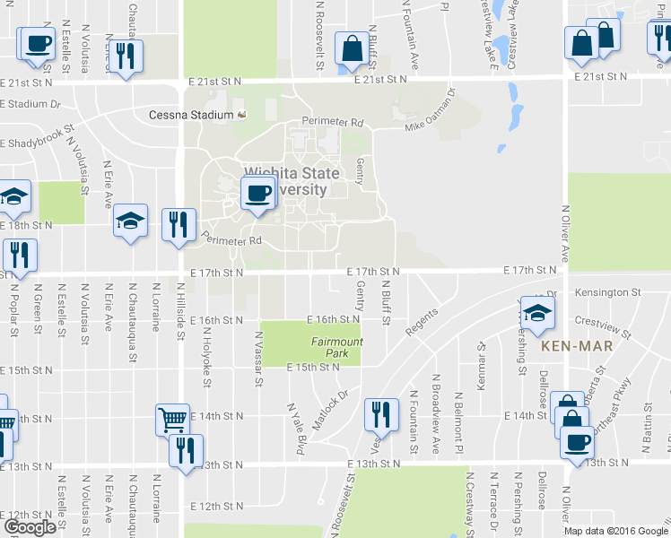 map of restaurants, bars, coffee shops, grocery stores, and more near 1725 North Roosevelt Street in Wichita
