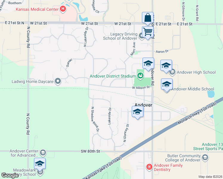 map of restaurants, bars, coffee shops, grocery stores, and more near 600-626 West Allison Street in Andover