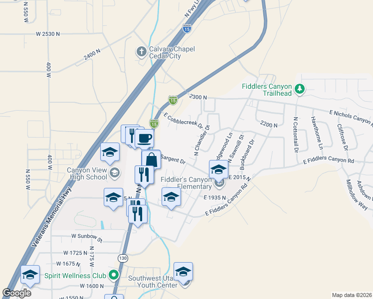 map of restaurants, bars, coffee shops, grocery stores, and more near 321 East 2100 North Circle in Cedar City