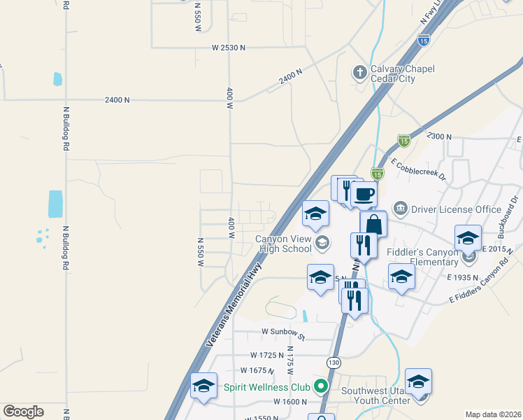 map of restaurants, bars, coffee shops, grocery stores, and more near 2110 400 West in Cedar City