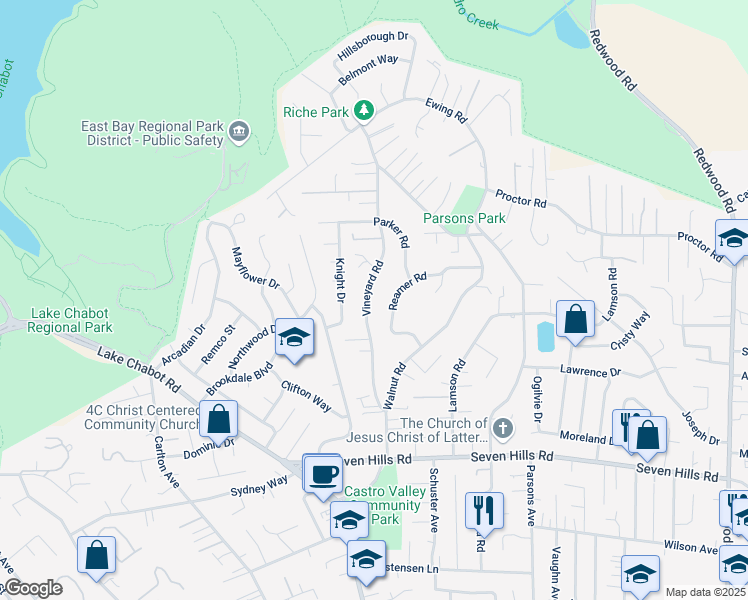 map of restaurants, bars, coffee shops, grocery stores, and more near 17964 Vineyard Road in Castro Valley