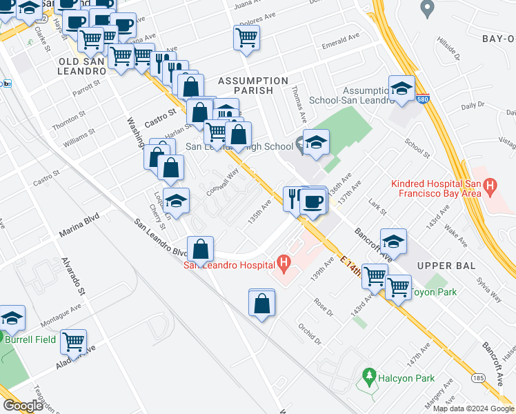 map of restaurants, bars, coffee shops, grocery stores, and more near 1335 135th Avenue in San Leandro