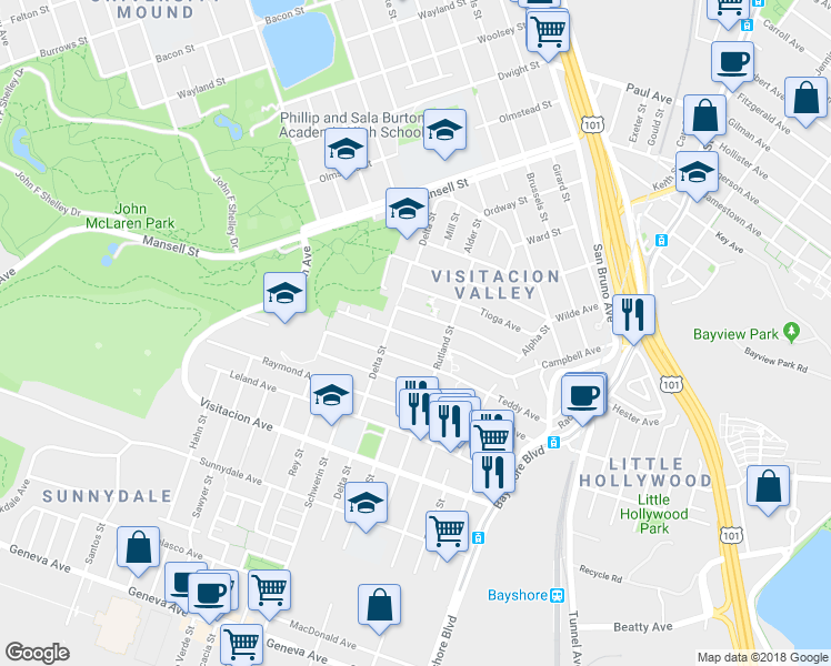 map of restaurants, bars, coffee shops, grocery stores, and more near 177 Tucker Avenue in San Francisco