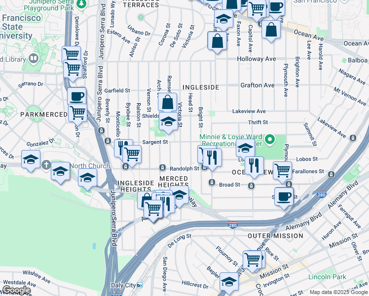 map of restaurants, bars, coffee shops, grocery stores, and more near 201 Sargent Street in San Francisco