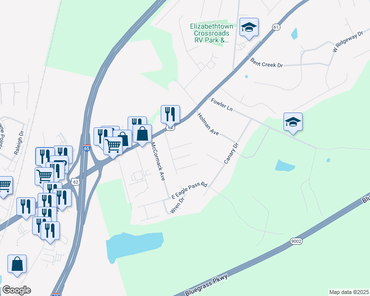 map of restaurants, bars, coffee shops, grocery stores, and more near 201-299 Deborah Dr in Elizabethtown