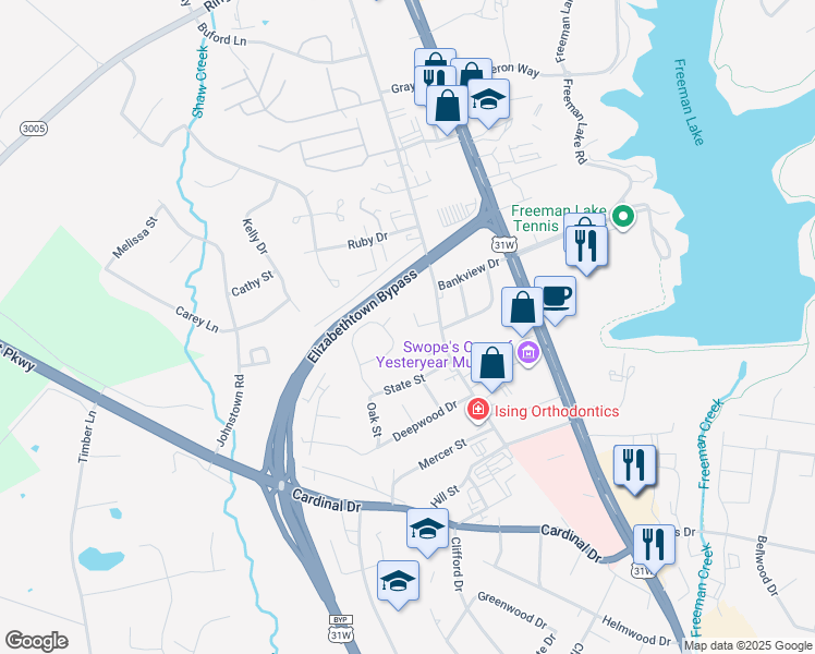 map of restaurants, bars, coffee shops, grocery stores, and more near 1200-1208 Woodland Dr in Elizabethtown