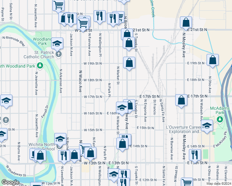map of restaurants, bars, coffee shops, grocery stores, and more near 1818 North Market Street in Wichita