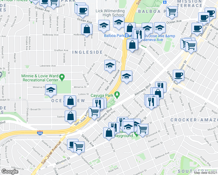 map of restaurants, bars, coffee shops, grocery stores, and more near 2641 San Jose Avenue in San Francisco