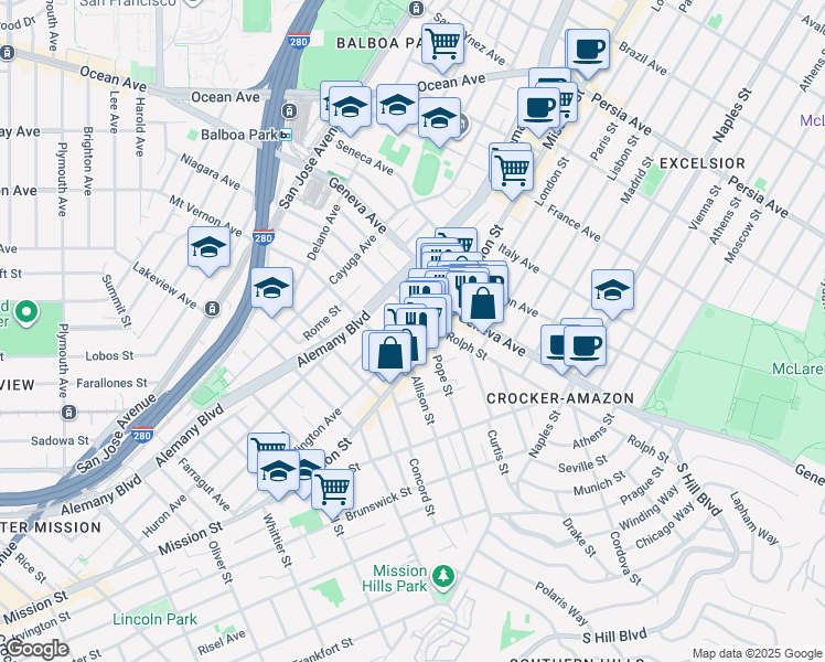 map of restaurants, bars, coffee shops, grocery stores, and more near 2 Ellington Avenue in San Francisco