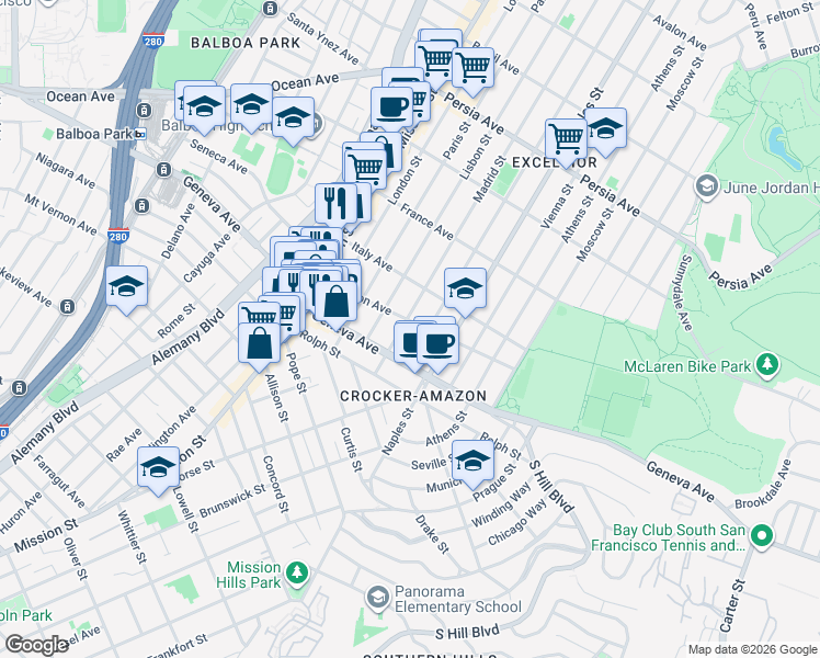 map of restaurants, bars, coffee shops, grocery stores, and more near 906 Madrid Street in San Francisco