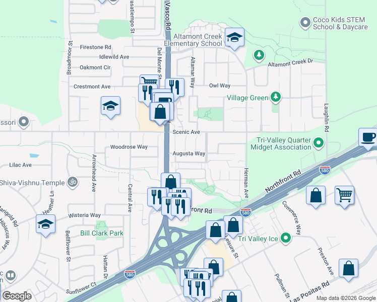 map of restaurants, bars, coffee shops, grocery stores, and more near 1103 Winged Foot Court in Livermore