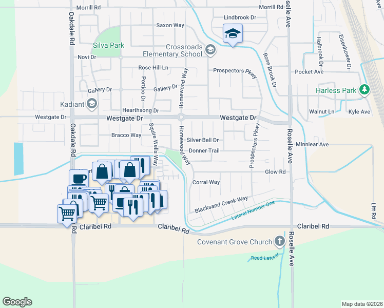 map of restaurants, bars, coffee shops, grocery stores, and more near 2639 Donner Trail in Riverbank